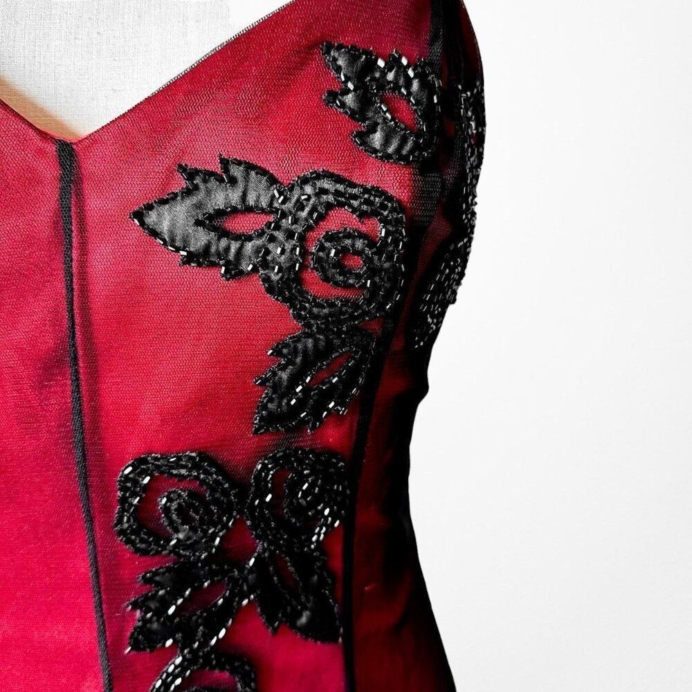 Vintage Y2K Burgundy Red Floral Beaded Embroidered Mesh Bodycon Maxi Prom Dress - Picture 10 of 11